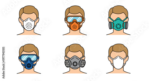 Diverse collection of six face masks and respirators worn by men illustrating respiratory protection against pollution