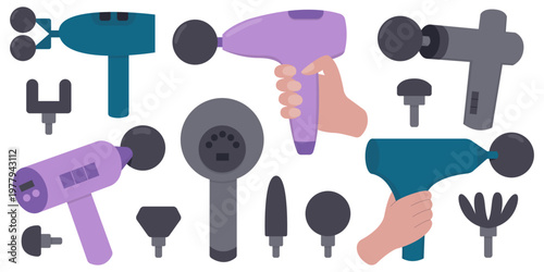 Massage Gun and Attachments Vector Illustration Set. Modern percussion massage guns with different attachments and hand holding device