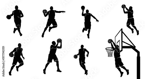 Dynamic basketball player silhouettes in action showcasing slam dunks dribbling and shooting poses against a clean
