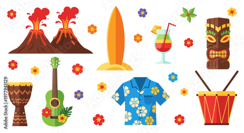 Vibrant hawaiian vacation icons volcanoes surfboard tiki guitar drums aloha shirt cocktail and tropical flowers create
