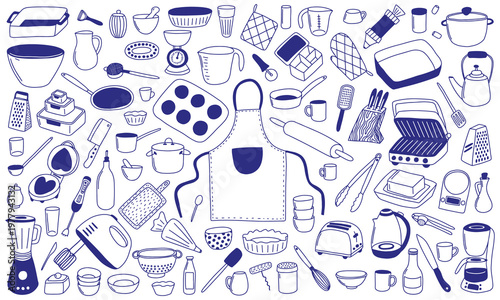 Kitchen Utensils and Cooking Tools Vector Set. Big set of kitchenware and cooking accessories including pots, pans, knives, graters, bowls, apron and utensils