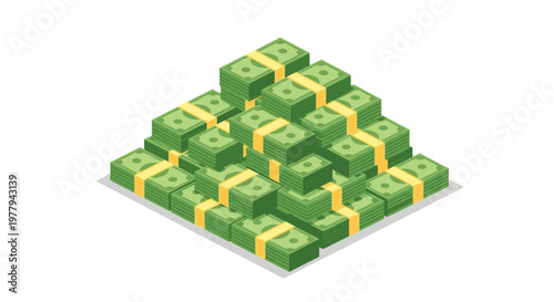 Towering pyramid of green paper money stacks neatly banded with yellow paper symbolizing wealth finance and investment