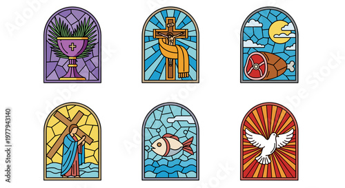 Collection of six stained glass arched panels depicting religious symbols and biblical scenes with vibrant colors