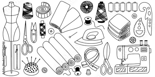 Sewing Tools and Tailoring Equipment Vector Set. Collection of sewing and tailoring items including scissors, threads, needles, measuring tape, fabric rolls and sewing machine