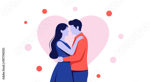 Romantic couple embracing affectionately against a soft pink heart backdrop with floating red dots symbolizing love