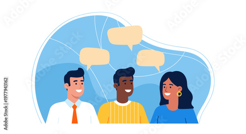 Diverse group of people engaged in conversation sharing ideas and thoughts through speech bubbles