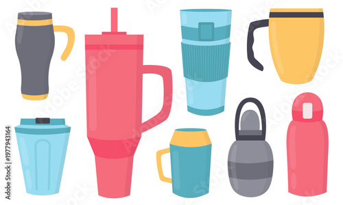 Thermal Mugs and Travel Cups Vector Set. Collection of reusable drinkware including thermos, travel mugs, insulated cups and bottles. Flat vector illustration for lifestyle, coffee and eco-friendly