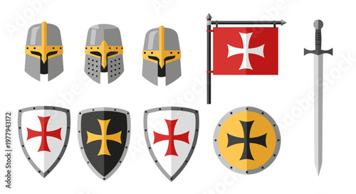 Collection of medieval knight armor helmets shields and sword with crusader cross emblems and a red banner flag