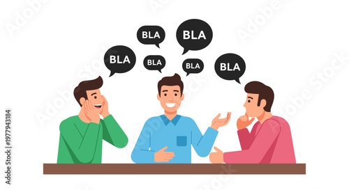 Three men engaged in animated conversation with speech bubbles indicating chatter and discussion conveying