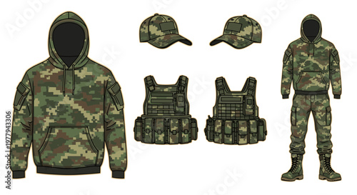 Military camouflage tactical uniform set including hooded jacket combat pants vests and caps for outdoor operative