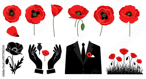 Remembrance day poppy set with suit hands holding flower and silhouette flowers for solemn commemoration and solemn