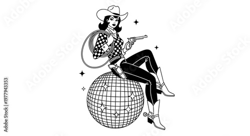 Retro cowgirl posing on disco ball with stars vintage style illustration western dancer in boots and hat party