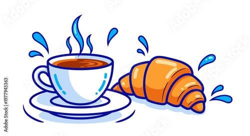 Steaming hot coffee in a white cup and saucer with a golden brown croissant illustrated with blue splashes and wisps