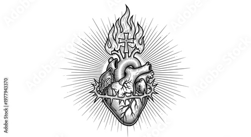Sacred heart illustration with fiery flames crown of thorns and radiant light rays symbolizing divine love and sacrifice