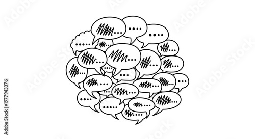 Hand drawn cluster of speech bubbles with scribbled text and ellipses symbolizing communication conversation and ideas
