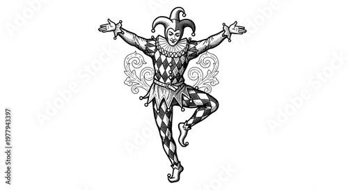 Vintage jester performing a lively dance with outstretched arms and a playful grin detailed illustration in black