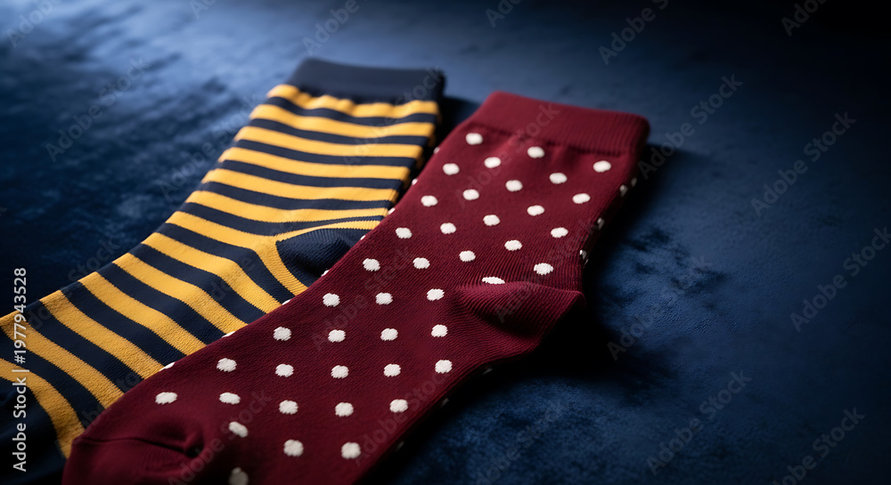 Obraz premium Close Up of Striped and Polka Dot Socks on Blue Velvet Background