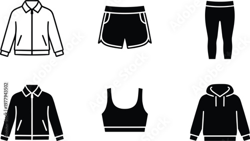 Sportswear clothing icon set, jacket shorts leggings sports bra hoodie symbols, outline and solid styles, fitness apparel vector illustration isolated on white