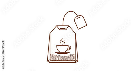 Steaming cup of tea icon inside tea bag silhouette with loose leaves minimalist line art for beverage and relaxation