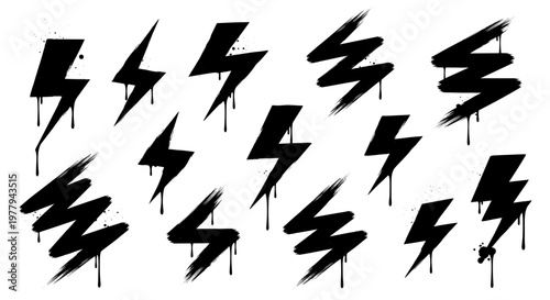 Collection of black lightning bolt symbols with graffiti spray paint and drip effects representing energy power