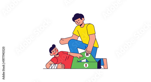 First Aid Assistance Person Helping Injured Man Lying Down on White Background