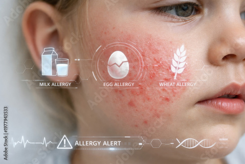 Sad child with red rash on cheek. Augmented reality overlay shows food allergy icons like milk, egg, and wheat. futuristic medical diagnostic concept for healthcare technology