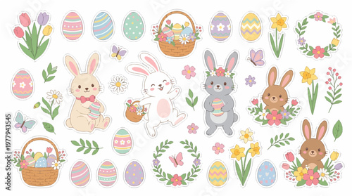 A cute cartoon easter bunny sits in the green spring grass with a basket of colorful eggs in this happy holiday vector illustration greeting card design