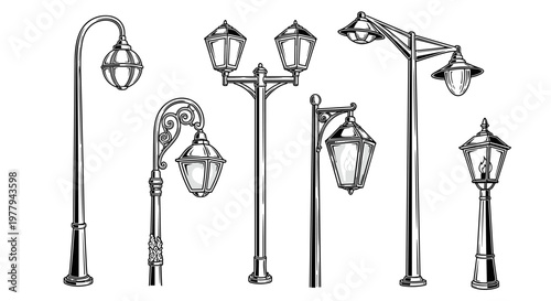 Collection of Vintage Street Lamps in Detailed Sketch Style.