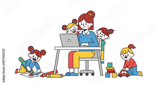 Balancing Work and Family A Mother Juggles Remote Work and Childcare Responsibilities Amidst Playtime