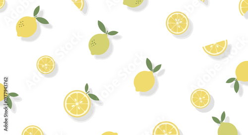Fresh Lemon and Slice Repeat Pattern Vector Illustration with Green Leaves - Zesty Citrus Design on a Clean White Backdrop
