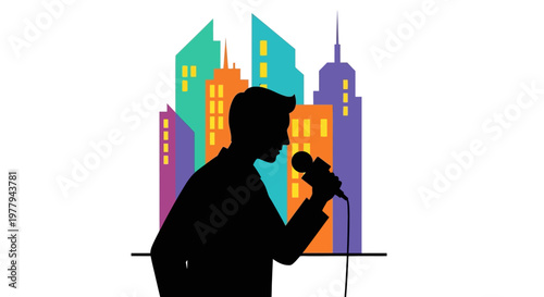 Dynamic Silhouette of a Vocalist Singing with a Microphone Against a Vibrant Cityscape Backdrop, Capturing Urban Entertainment and Public Speaking