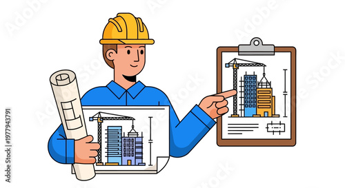 Construction worker with blueprints and architectural plans showcasing building project development and engineering