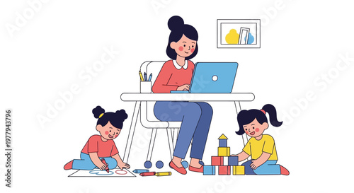 Multitasking mother working from home while caring for young children, balancing professional duties with family life and remote work challenges