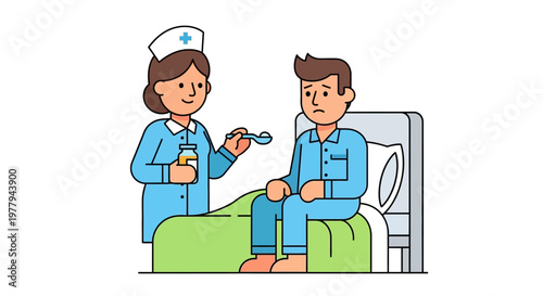 Caring Nurse Administering Essential Oral Medication to an Unwell Male Patient Recovering in a Hospital Bed, Providing Dedicated Healthcare Support