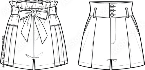Technical fashion sketch of women high waisted shorts with paperbag waist and bow belt details for apparel design and manufacturing templates
