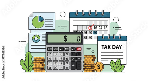 Financial Planning for Tax Day with Calculator and Calendar.