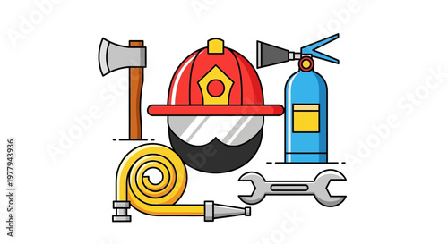 Vector Illustration of Firefighter Protective Gear and Emergency Rescue Tools Collection for Safety Concepts