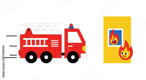 Vibrant red fire truck vector illustration with ladder speeding to rescue a cheerful fire in a window, a playful depiction of emergency services