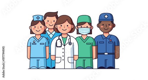 Diverse group of medical professionals standing together, representing healthcare teamwork and expertise