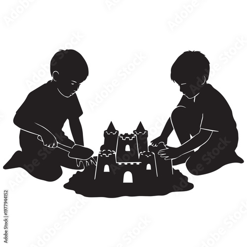 Children building sandcastle silhouette for kids playing at the beach