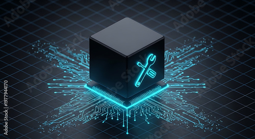 technology maintenance and digital solution a glowing tools icon cube on a circuit board for software updates and system upgrades.