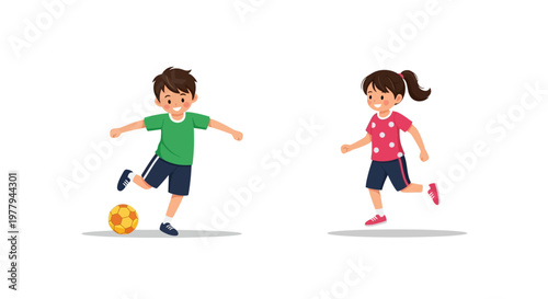 Children playing soccer, a boy kicking a ball and a girl running on a white background