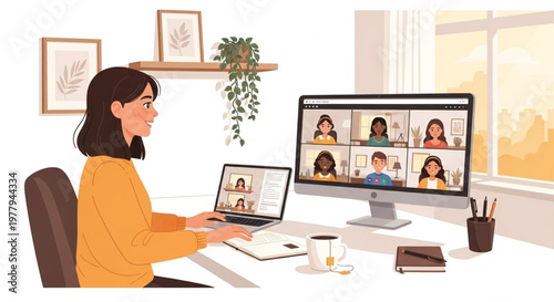 Vector Illustration of Modern Bright Workspace with Desk Plant