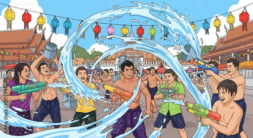 People celebrating Songkran water festival with water guns.