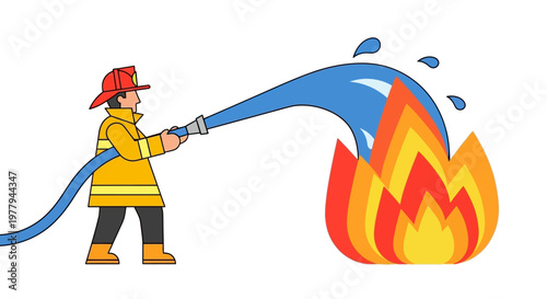 Courageous firefighter deploying a powerful water stream from a hose to extinguish a blazing inferno, symbolizing swift emergency response and community protection