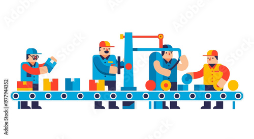 Highly efficient manufacturing process depicted with a dedicated team of factory workers on a dynamic assembly line, ensuring seamless production