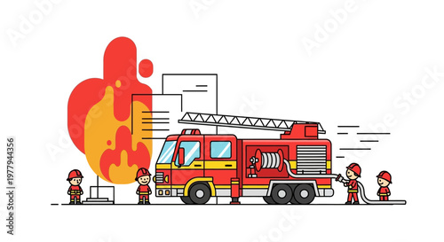 Dynamic scene depicting firefighters using a powerful fire truck to extinguish a dangerous blaze, highlighting emergency response and public safety protection