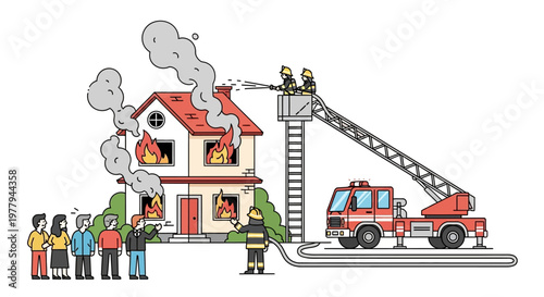 Firefighters bravely battling a house fire with a ladder truck, saving the day amidst smoke and flames