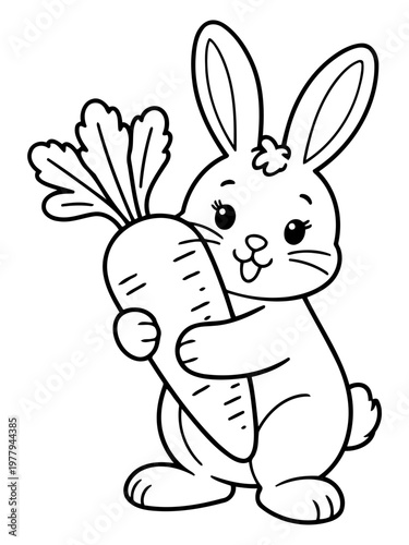 Joyful Bunny and Carrot: A charming illustration of a bunny embracing a large carrot, celebrating the innocence of nature and the pleasure of simple things.