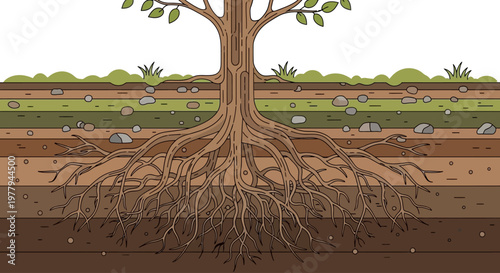 Cross-section of a tree showing its roots and soil layers